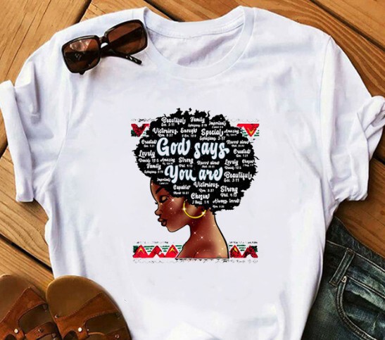 2022 black girl feminist printing European and American style white T-shirt plus size cross-border printing women's clothing a generation of hair