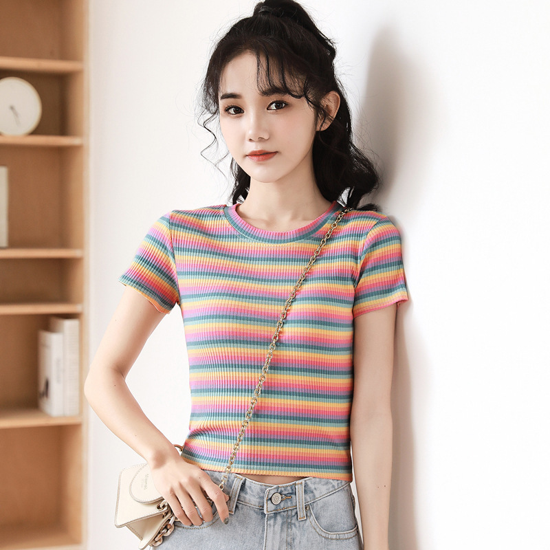 Short Navel Top Women's Rainbow Striped Tight Navel Leakage Base Shirt Hyun-graceful Style Naked Waist Short-sleeved High Waist T-shirt