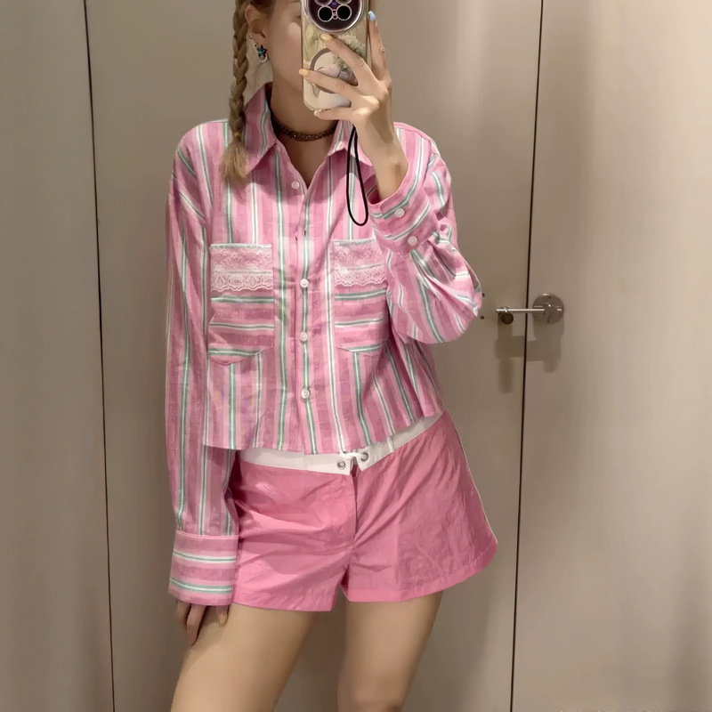 Summer New American-Style Casual Lace Pocket Detail Polo Collar Color-Block Striped Loose Shirt 2755654 Summer New American-Style Casual Lace Pocket Detail Polo Collar Color-Block Striped Loose Shirt 2755654