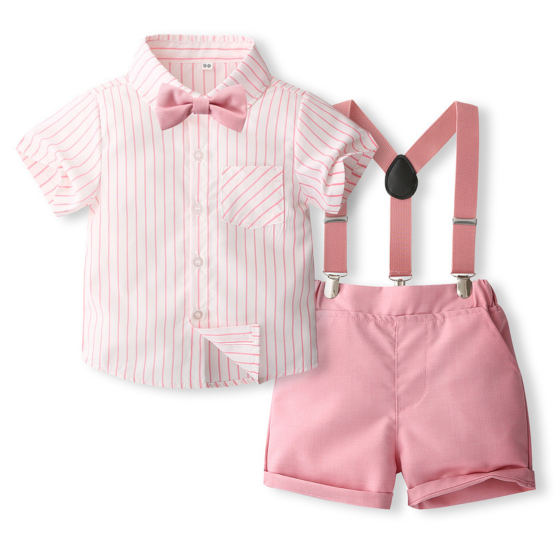 FUENTE Suministro de primera mano de fábrica Traje de verano para nuevos niños Camisa de rayas de estilo británico Vestido de caballero Conjunto de tres piezas