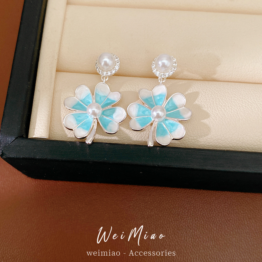 Aguja de plata zircon goteo de aceite hierba afortunada flores azules perlas pendientes de perlas temperamento dulce pendientes de lujo ligero de alta calidad pendientes image 4