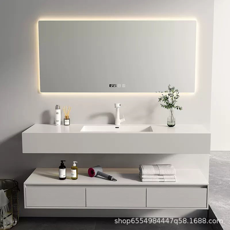 岩板无缝陶瓷盆一体盆抽屉柜现代简约卫生间浴室柜组合纯白洗手台