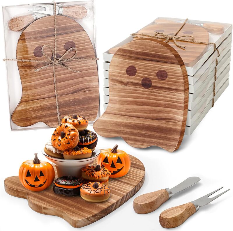 3-Piece Halloween Wooden Tray Wooden Board Sign Soft Tone Cute Wooden Ghost Decoration