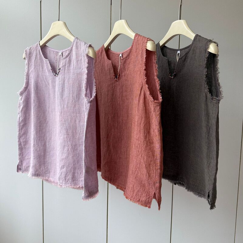 Double Yarn, Two-Tone, Yarn-Dyed 100% Linen! Traditional Sand-Washed Small V-Neck Lightweight Loose Sleeveless Fringed Vest for Women in Summer