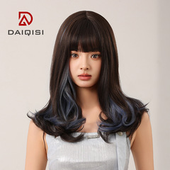 網紅批發假髮女長發黑茶挑染霧霾藍大波浪發套舒適自然整頂齊肩發