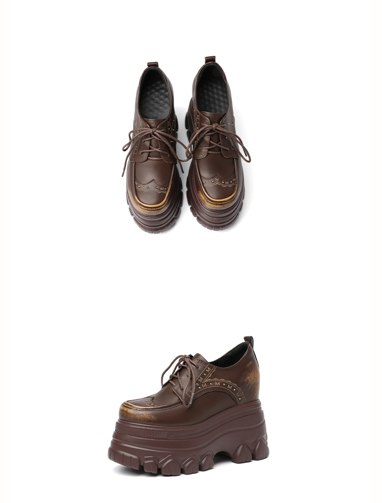 Giày sneaker nữ đế dày phong cách Anh quốc cổ điển, dây buộc, gót 12 cm — màu nâu chi tiết 18