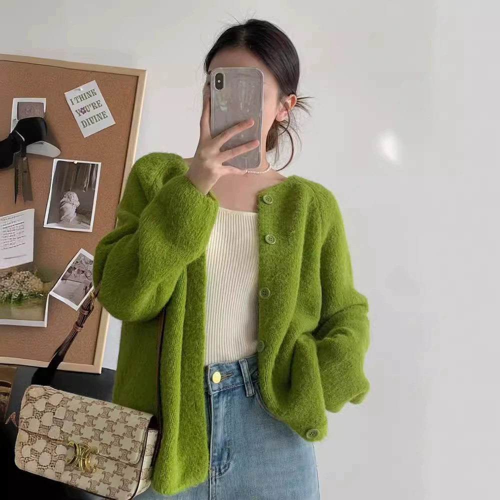 Мягкий вязаный кардиган топ женский осень 2024 новый корейский свободный круглый вырез с длинными рукавами нежный ветер свитер куртка