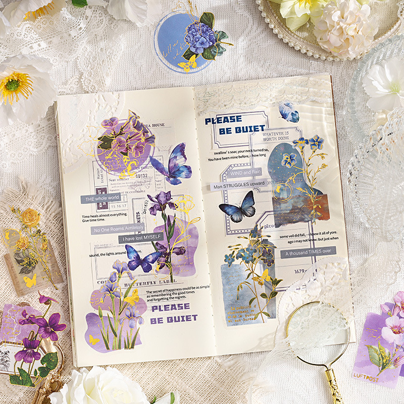 Paquete de pegatinas impermeables PET serie de flores doradas retro 30 pegatinas de material decorativo floral estampado