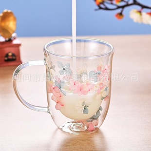 Household High Borosilicate Heat Insulation Cup Juice Cup Eternal Flower Double Layer Milk Glass Accompanying Gift High Color Value Glass