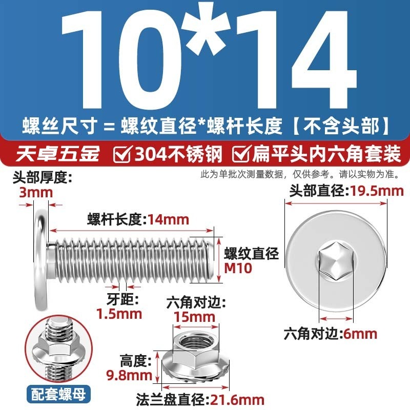 304不锈钢CM大平头超薄头C头扁平头内六角螺丝钉法兰边螺母套装M5|undefined
