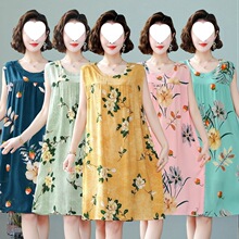 棉绸睡裙女2025新款夏妈妈睡衣中长款无袖连衣裙人造棉家居服宽松