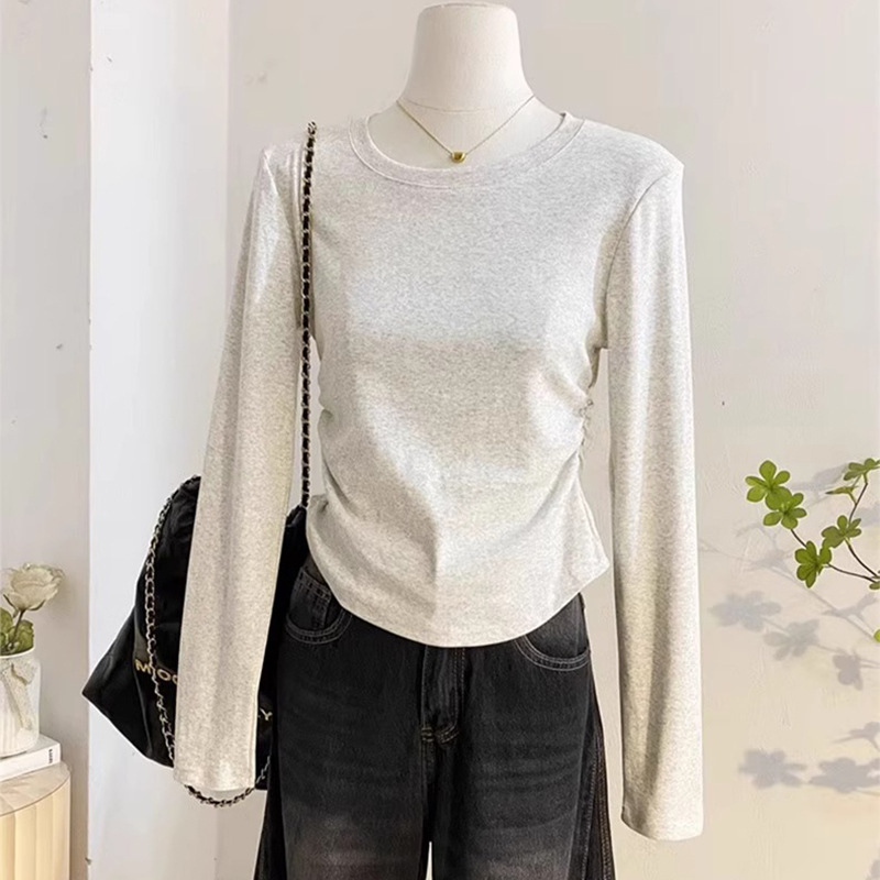 92% Cotton Pure Color Cotton Waisted Right Shoulder Long Sleeve T-Shirt for Women Spring and Autum Pleated Slim Inner Layering Shirt Versatile and Trbottomy 92% Cotton Pure Color Cotton Waisted Right Shoulder Long Sleeve T-Shirt for Women Spring and Autum Pleated Slim Inner Layering Shirt Versatile and Trbottomy