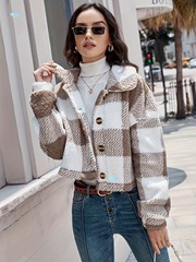 Long Sleeve Plaid Pattern Teddy Coat Versatile Winter跨境