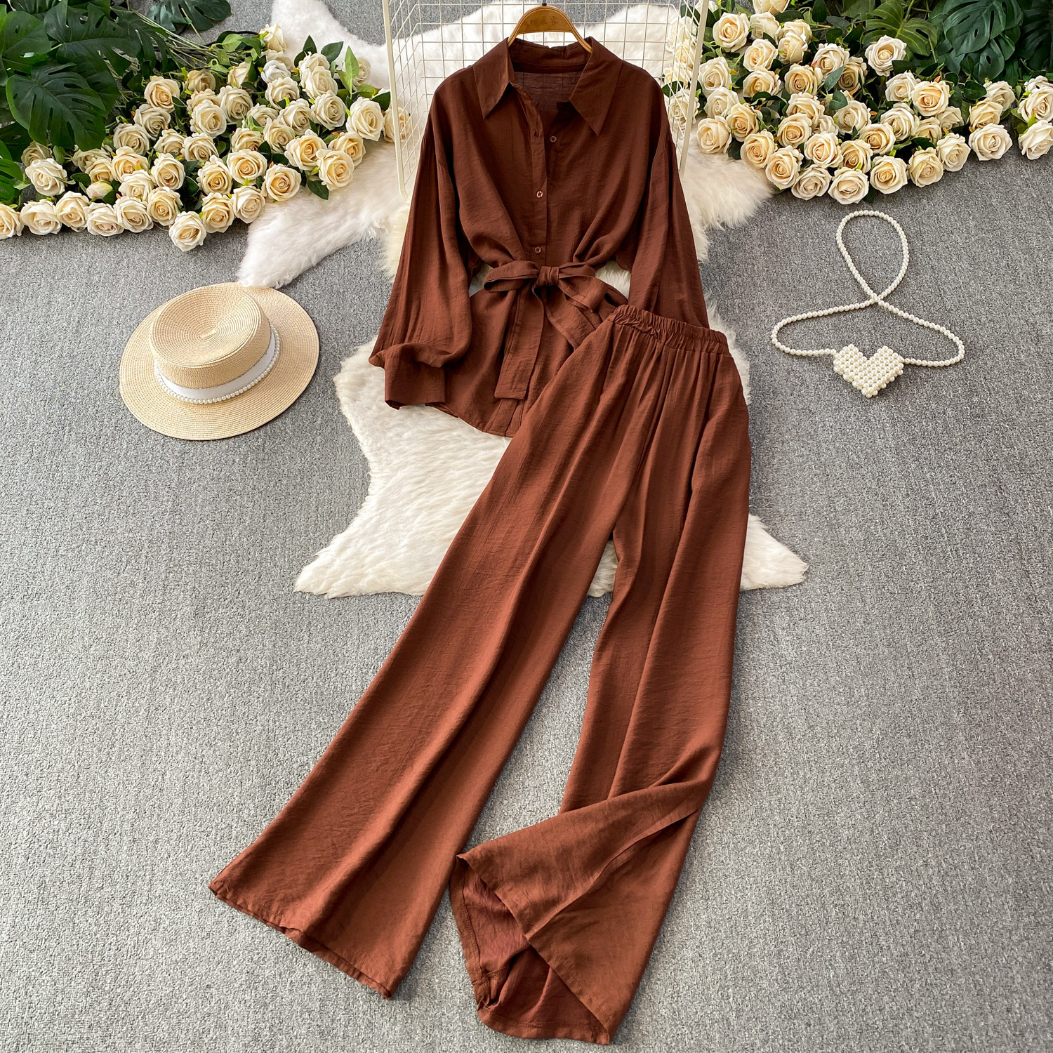 Women's Korean Style Two-Piece Set - Loose Long Sleeve Shirt With Tie-Waist & Wide Leg Trousers, Casual Office Wear Summer Outfit_ecoleips.com