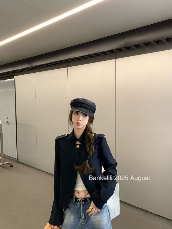 板栗可可Bankelili'睿智老钱'半开襟一粒扣老钱短款立领外套女秋|undefined