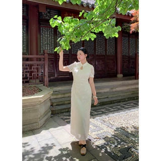 63375国风新中式改良印花连衣裙2026女夏季新款收腰显瘦大码旗袍