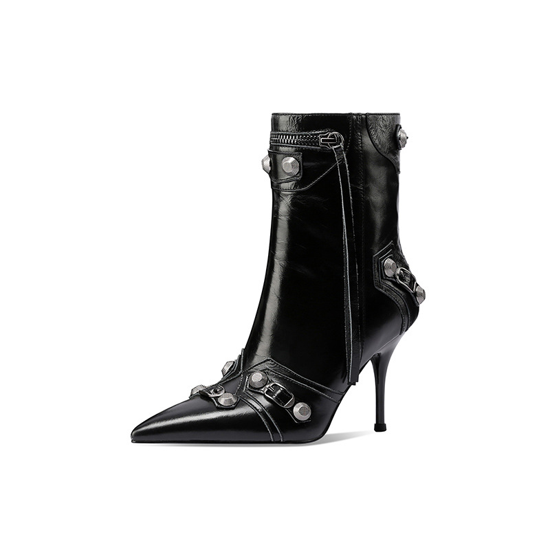 Boot ngắn mũi nhọn đinh tán phong cách punk gót nhọn dây kéo bên màu đen — Màu đen (lót nhung)