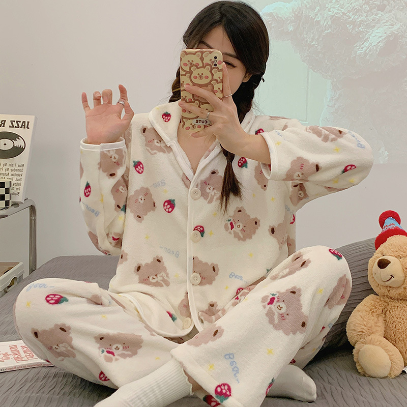Pijamas de franela al por mayor transfronterizos de otoño y invierno para mujeres nuevas camisetas de calentamiento gruesas se pueden usar con ropa de hogar de dos piezas