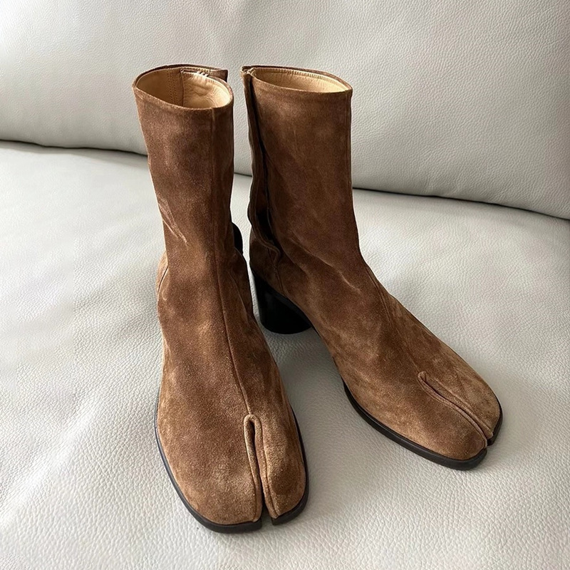 In-Stock Cowhide Version~Unique Split-Toe Pig's Hoof Women's Shoes, Slimming Chunky Heel Mid-Calf Martin Boots, Women's Chelsea Short Boots