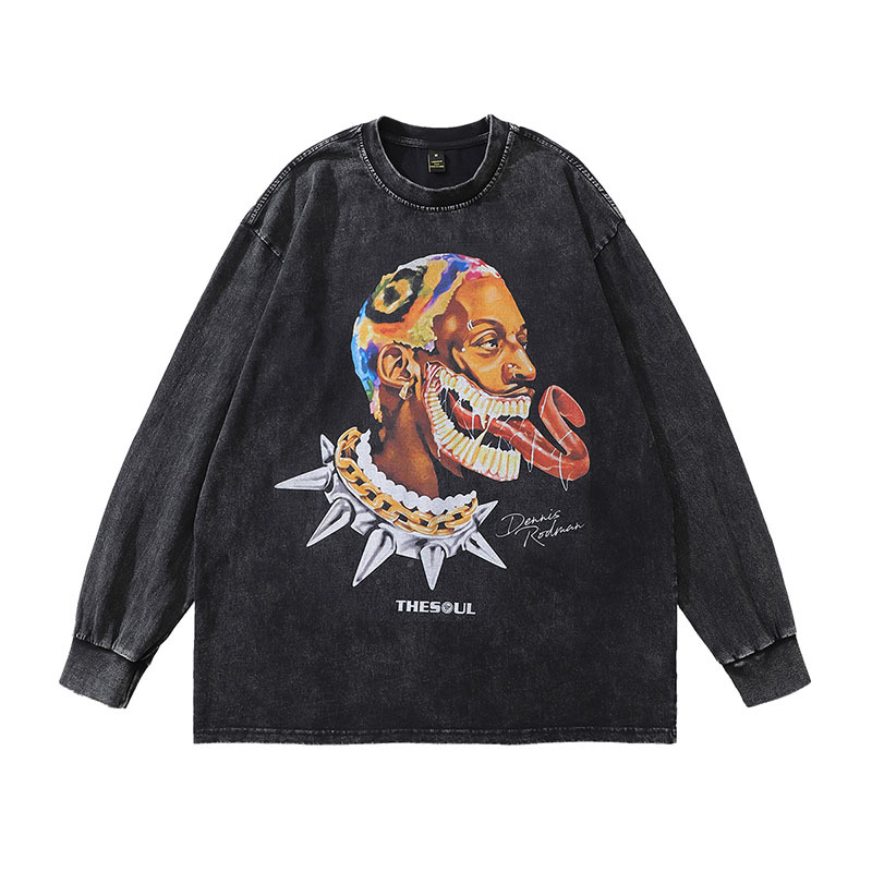 TKPA Rodman Print Long-Sleeve Vintage Base Tee American Street Hip-Hop Distressed Wash Versatile Long-Sleeve T-Shirt