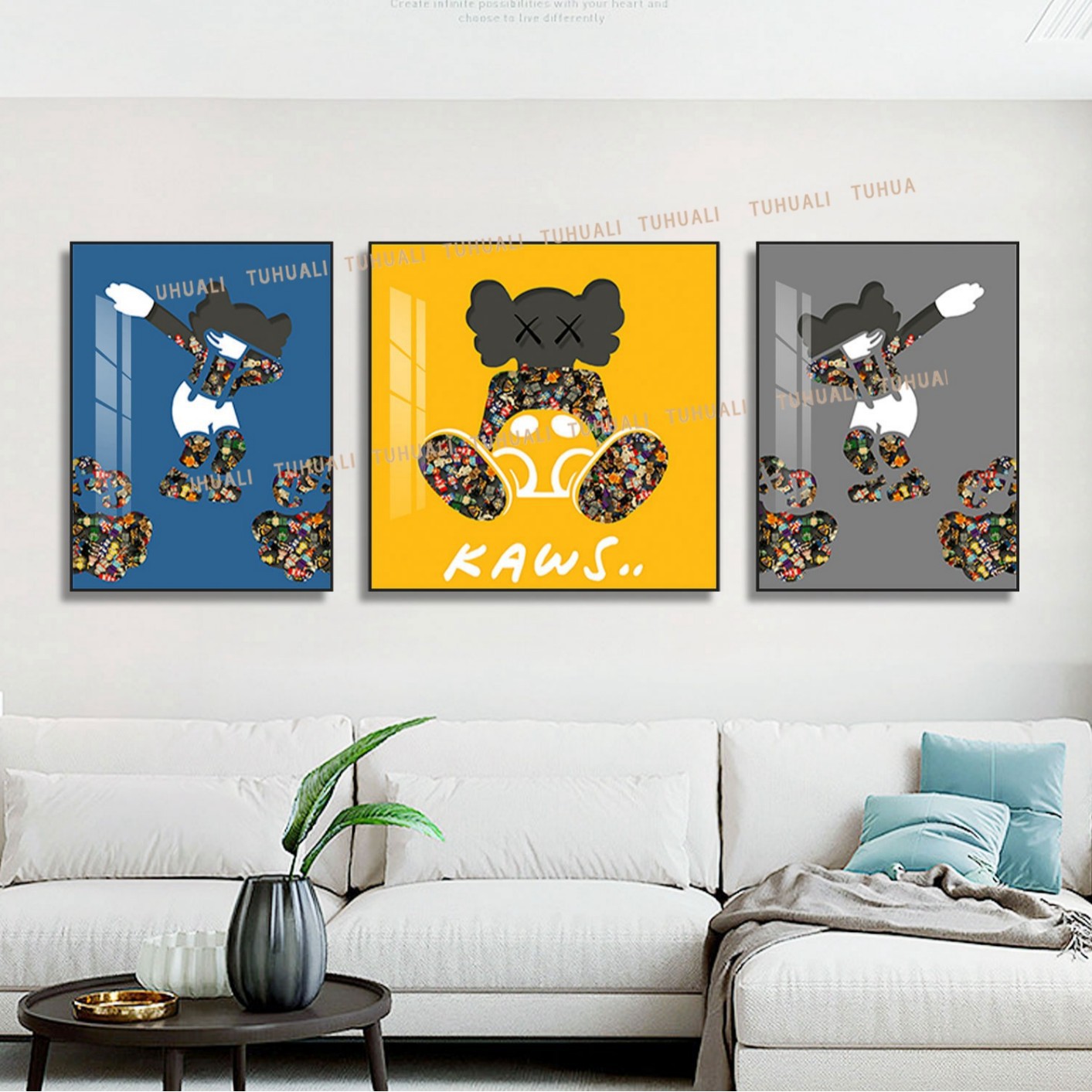 Bloques de construcción de Lego pintura real sala de estar triple pintura decorativa sofá fondo de pared explosivo oso dormitorio niños dibujos animados colgando pintura