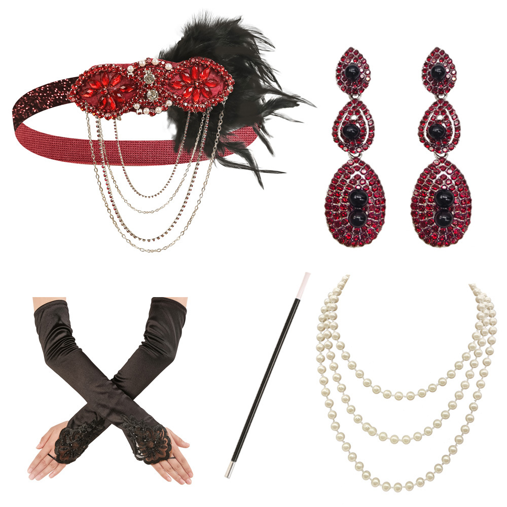 1920 Flapper vestido de niña disfraz de Halloween guantes de cigarrillos collar de varilla venda tira de lana conjunto de cinco piezas