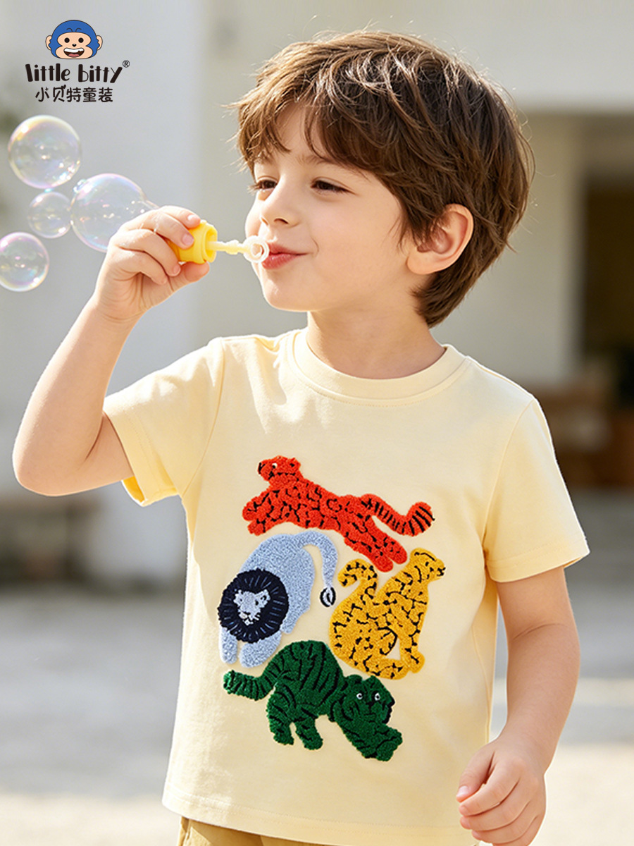 European and American children's clothing 2026 spring-summer boys' short-sleeve T-shirt with cartoon animal towel embroidery, round-neck top for toddlers and young children