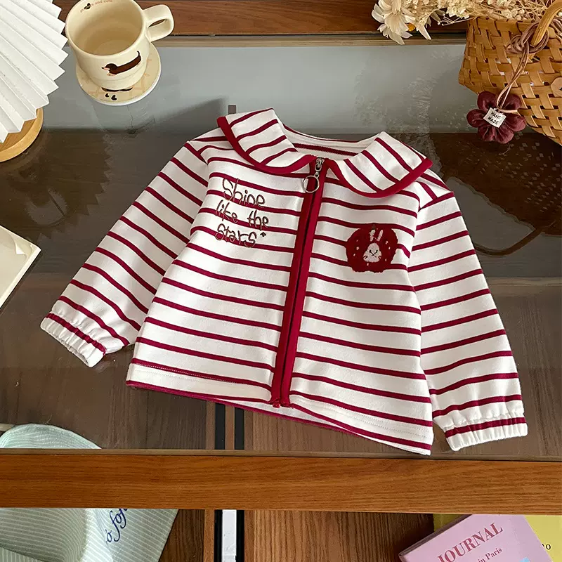 【现货】CW267083女童外套春装2026新款小童翻领条纹卡通童外套潮