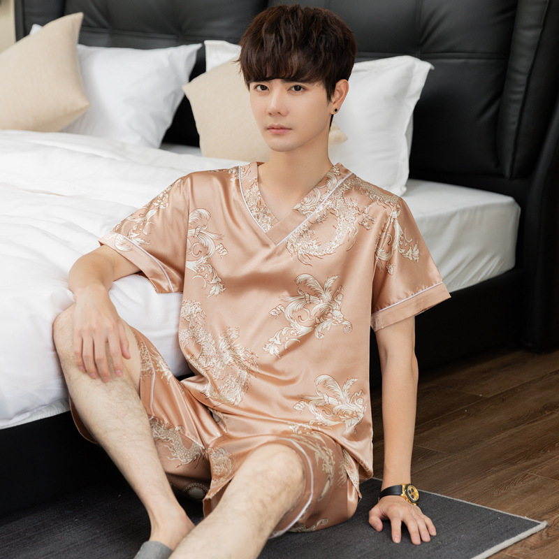 Pijamas de los hombres de seda de hielo de verano de manga corta pijamas de seda delgada más tamaño de los hombres de seda artificial desgaste del hogar de dos piezas conjunto traje
