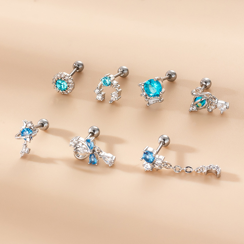 5g Weight Zircon Inlay Material Ear Studs Classification 1 Piece 316L Stainless Steel Copper Zircon Ear Cartilage Rings & Studs Geometric Flower Waterproof Non Tarnish Surgical Steel