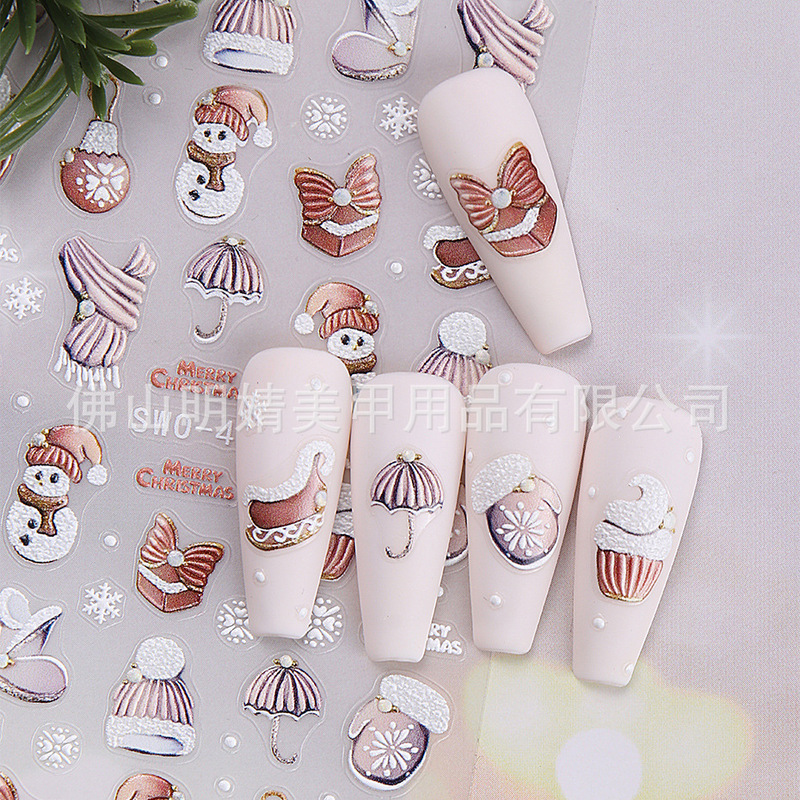 新品レリーフクリスマスネイルシールins风冬クリスマス雪だるまヘラジカ手袋バックゴム爪シール|undefined