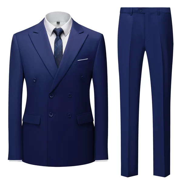 New men's foreign trade double-breasted suit suit men's fashion casual solid color suit two-piece