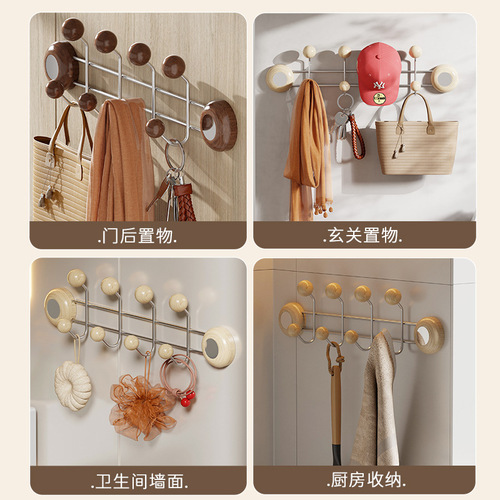 Stainless steel wood grain door hook, door-mounted hanging rack with strong adhesive, new Chinese style double-row wood grain hooks