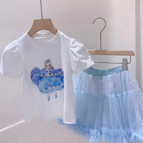 Girls summer suit 2024 new children's short-sleeved T-shirt Frozen two-piece set baby style skirt