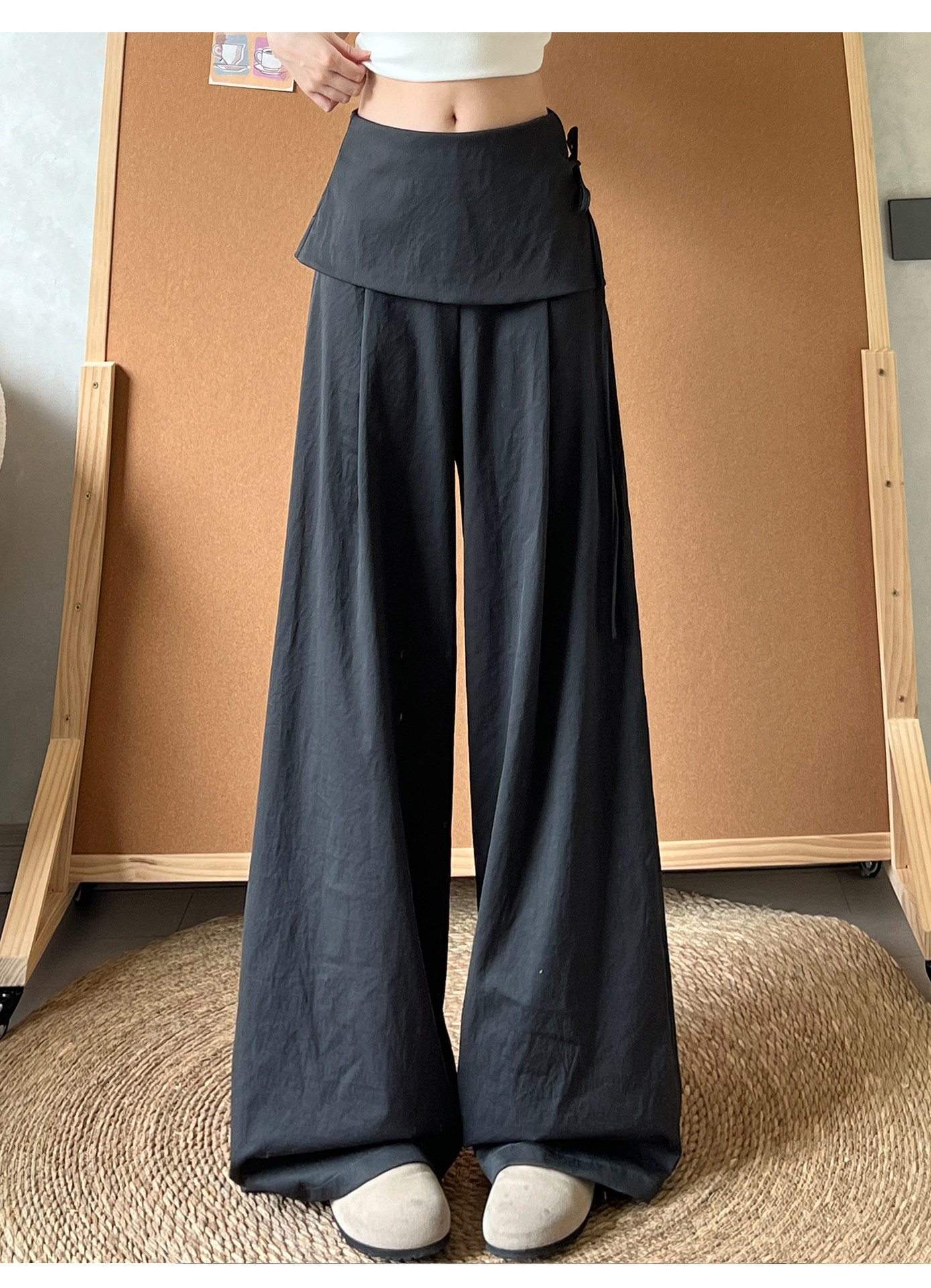 Quần culottes nữ ống rộng cạp cao phối khóa kéo bên hông chất liệu linen — Màu xám đậm (Extended) chi tiết 11