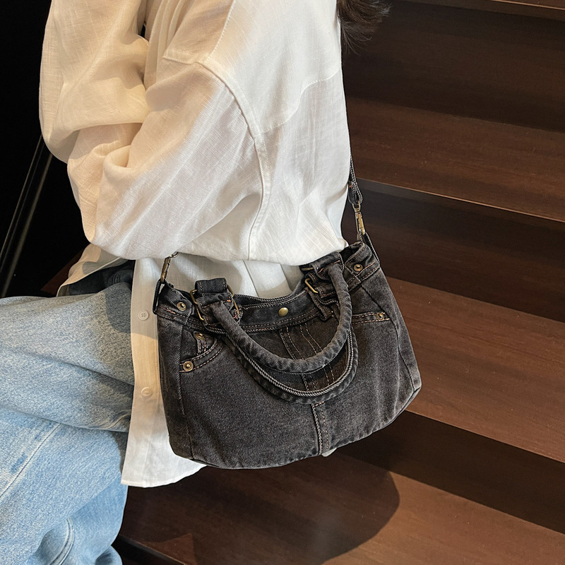 Denim Tote Shoulder Bag Denim Handbag Denim Fabric with Three-Dimensional Pockets Practical and Stylish