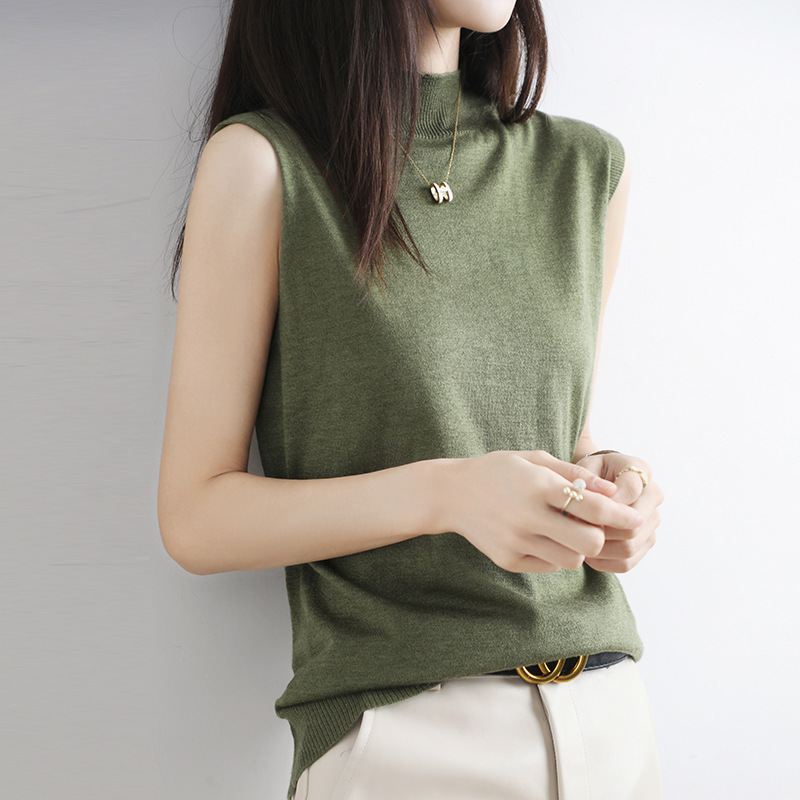 25 Spring and Autumn Thin Wool Mid-Neck Sleeveless Vest for Women, Sweater with Half-Turtleneck, Knitted Top with Cut-Out Sleeves 25 Spring and Autumn Thin Wool Mid-Neck Sleeveless Vest for Women, Sweater with Half-Turtleneck, Knitted Top with Cut-Out Sleeves