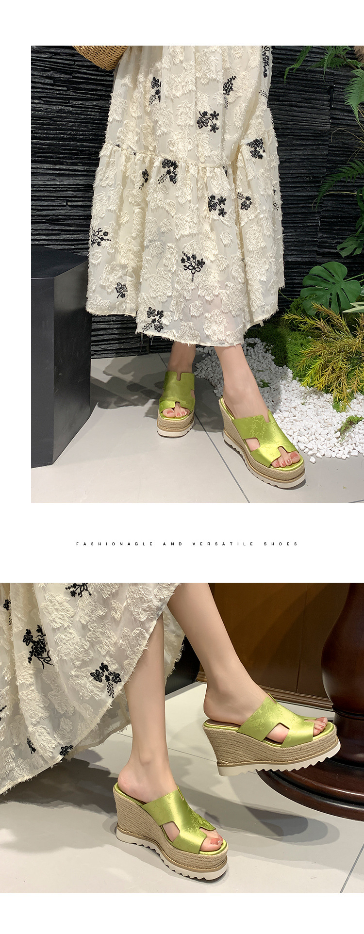 Sandal cao gót nữ hở mũi đế xuồng bện cói da bò thật — màu be, màu hồng, màu xanh huỳnh quang chi tiết 10