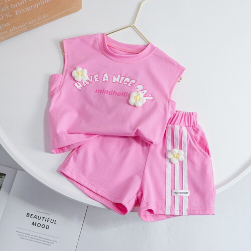 Girls Sleeveless Suit  New Summer Clothing Children's Shorts Cartoon Cat Thin Style Baby Girl Western Style Two-piece Set
