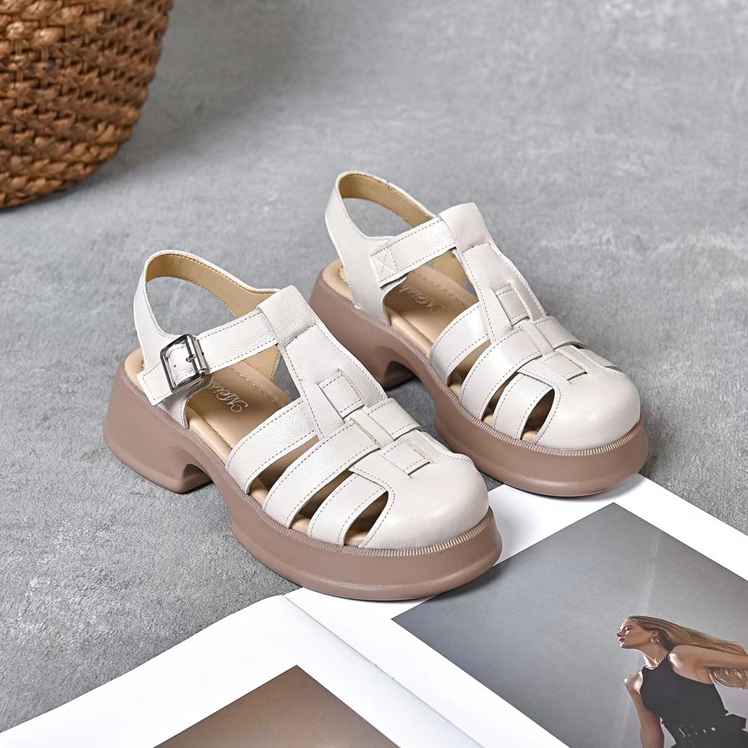 Sandal nữ đế dày da thật quai chữ V bọc mũi hở gót — Màu đen chi tiết 9