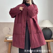 复古棉麻夹棉中长款外套女2025冬新款宽松大码长袖保暖棉衣