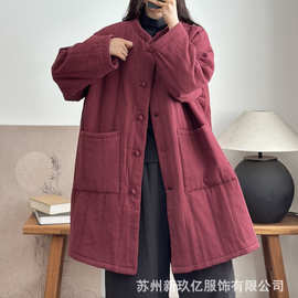 复古棉麻夹棉中长款外套女2025冬新款宽松大码长袖保暖棉衣