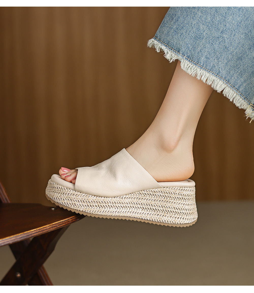 Dép sandal nữ quai ngang đế xuồng bệt gót thấp mũi hở chất liệu da cừu — màu trắng ngà, màu mơ chi tiết 13