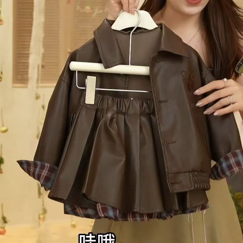 Girls Maillard Suit Autumn and Winter 2025 Popular Girls Fashionable Lapel Leather Jacket Pleated Skirt Two-Piece Trendy Set