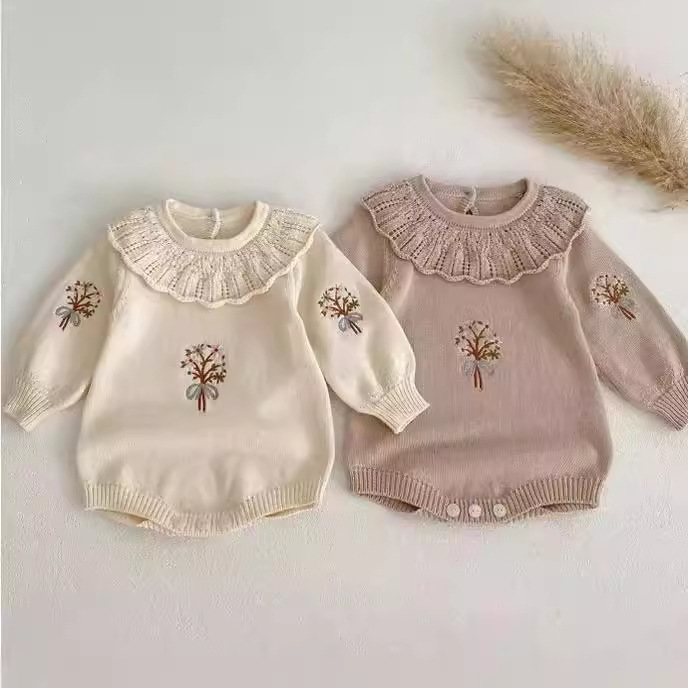 New autumn style baby knitted ruffled collar long-sleeved bodysuit/romper for girls