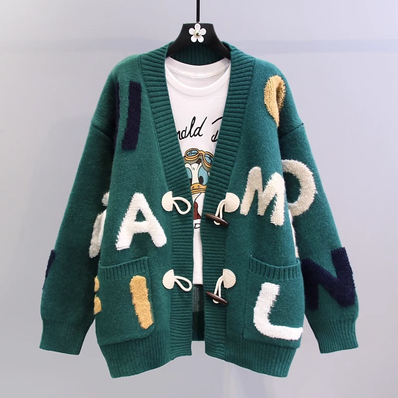 Women's Clothing Fat mm stylish horn button letter sweater jacket for women autumn and winter new large size loose lazy style knitted cardigan_voghion.com