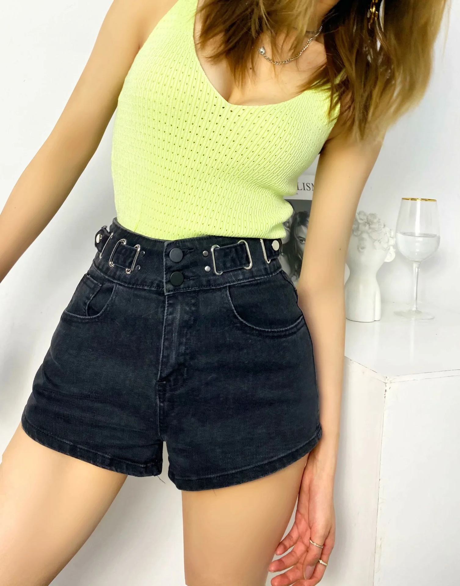 new belt decoration loose high waist wide leg denim shorts  NSAC37231