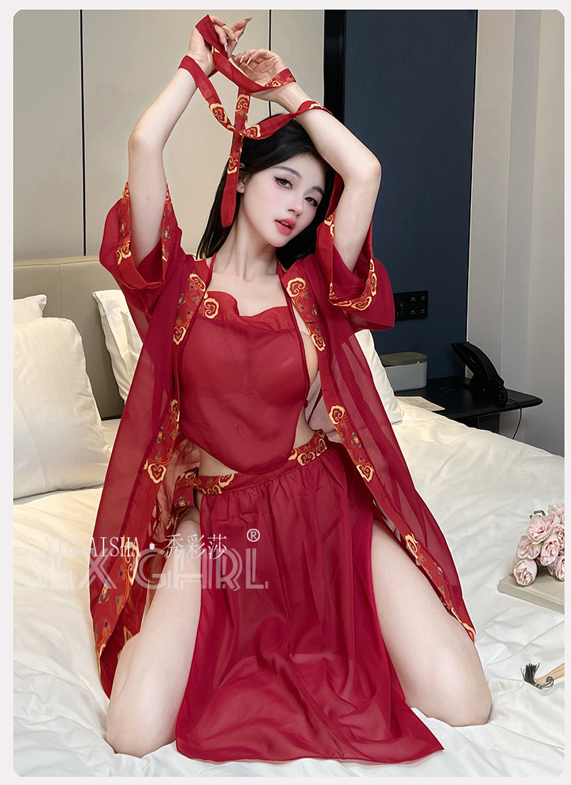 Chinese Han-Style Chiffon Bellyband Lingerie Set, See-Through 5-Piece Uniform — detail image 11
