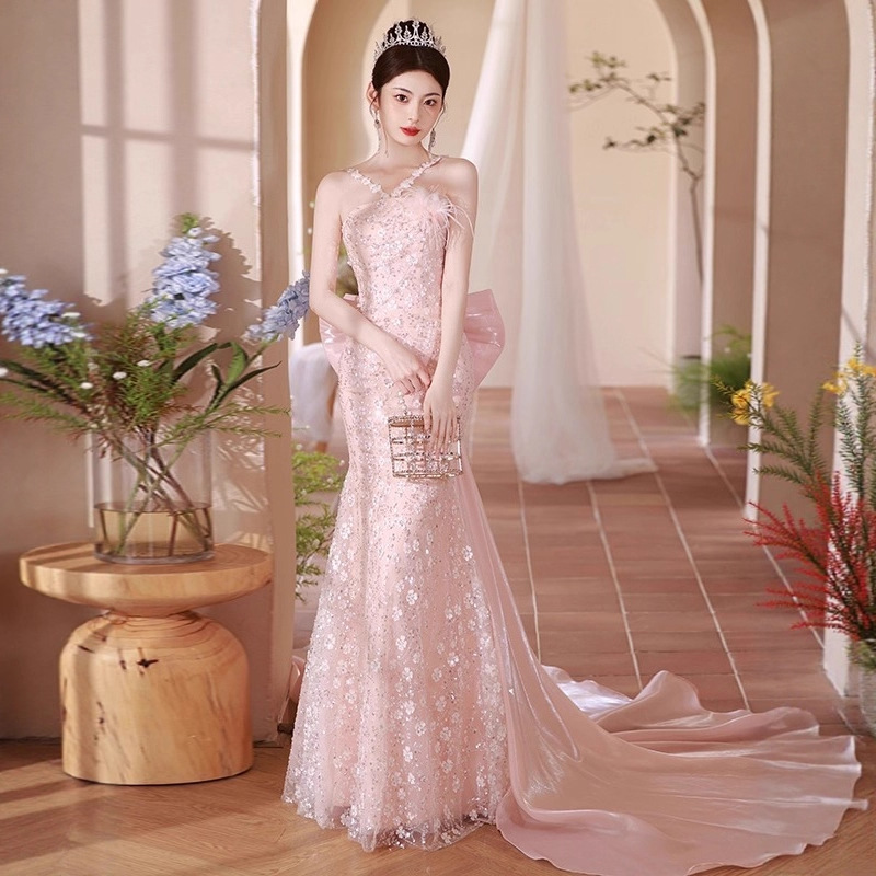 Pink Evening Dress, Classy Accessible Luxury Niche Host Halterneck Dressing Gown, Elegant Fishtail Dress, Engagement Toast Dress for Women