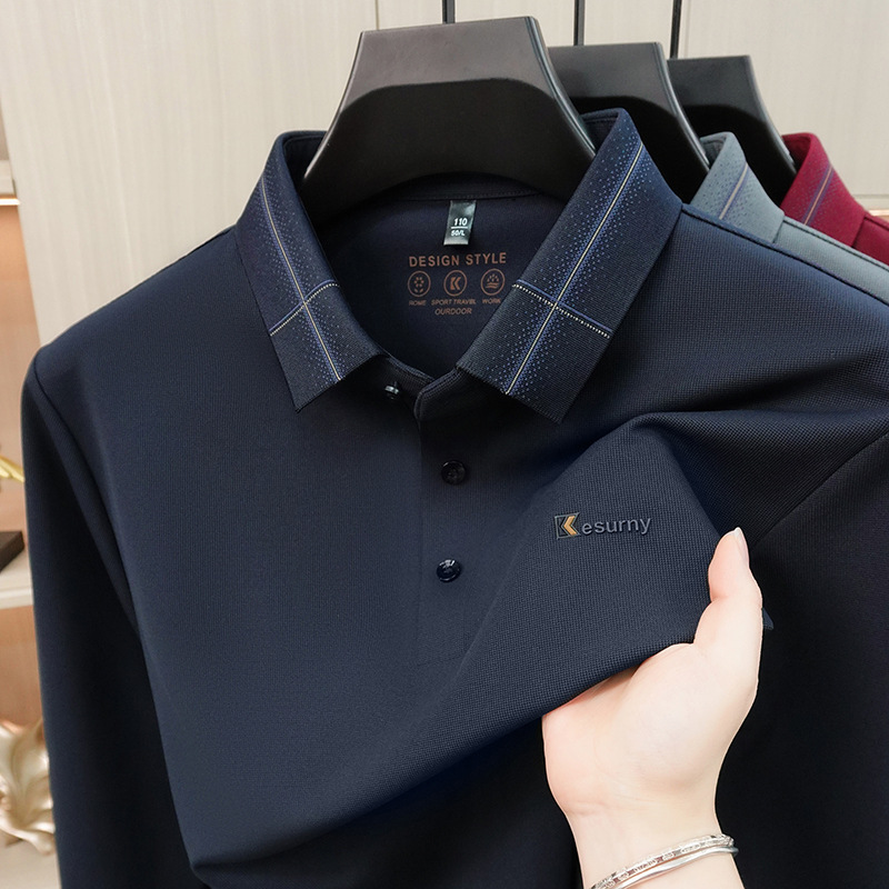 Áo polo nam dài tay cổ bẻ phong cách công sở, chất liệu co giãn không nhăn — Tây Tạng